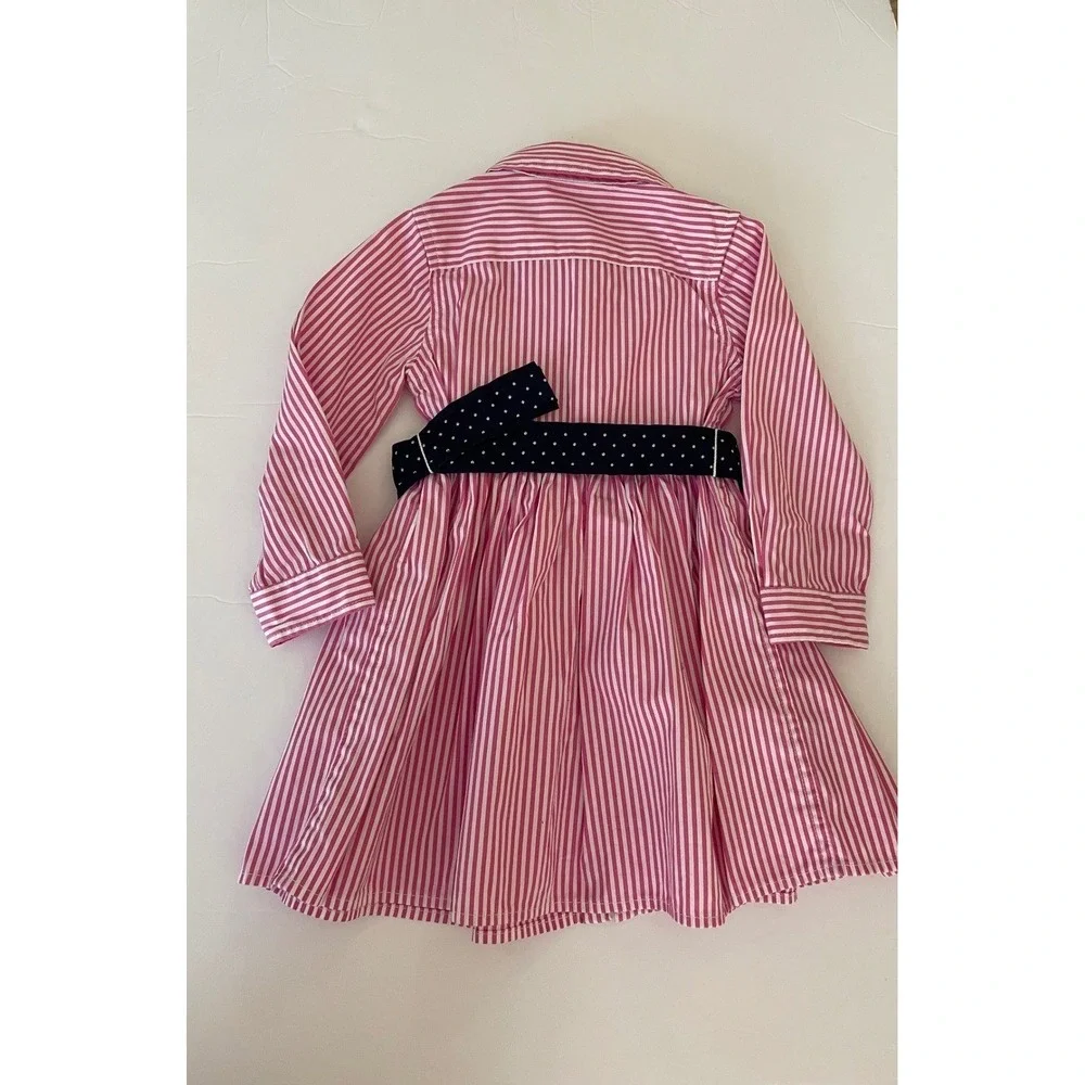 Ralph‎ Lauren Pink White Stripe Button Front Dress Navy Polka Dot Belt Size 12M